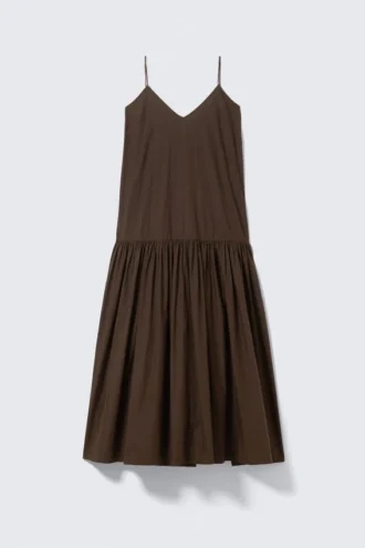 Vestido largo de popelín de algodón con volantes – Marrón oscuro