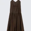 Vestido largo de popelín de algodón con volantes – Marrón oscuro