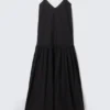 Vestido largo de popelín de algodón con volantes – Negro
