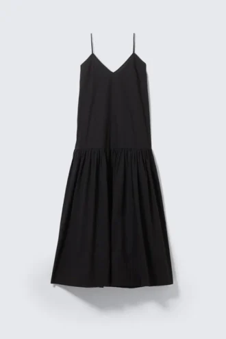 Vestido largo de popelín de algodón con volantes – Negro