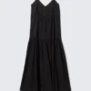 Vestido largo de popelín de algodón con volantes – Negro