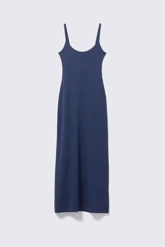 Vestido largo de tirantes lisos – Azul oscuro Vestido largo de tirantes lisos – Azul oscuro
