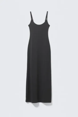 Vestido largo de tirantes lisos – Negro mate