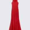 Vestido largo deportivo de corte ajustado y acampanado – Rojo Vestido largo deportivo de corte ajustado y acampanado – Rojo
