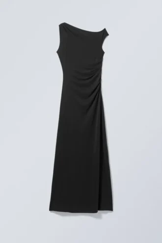 Vestido largo drapeado de cupro – Negro