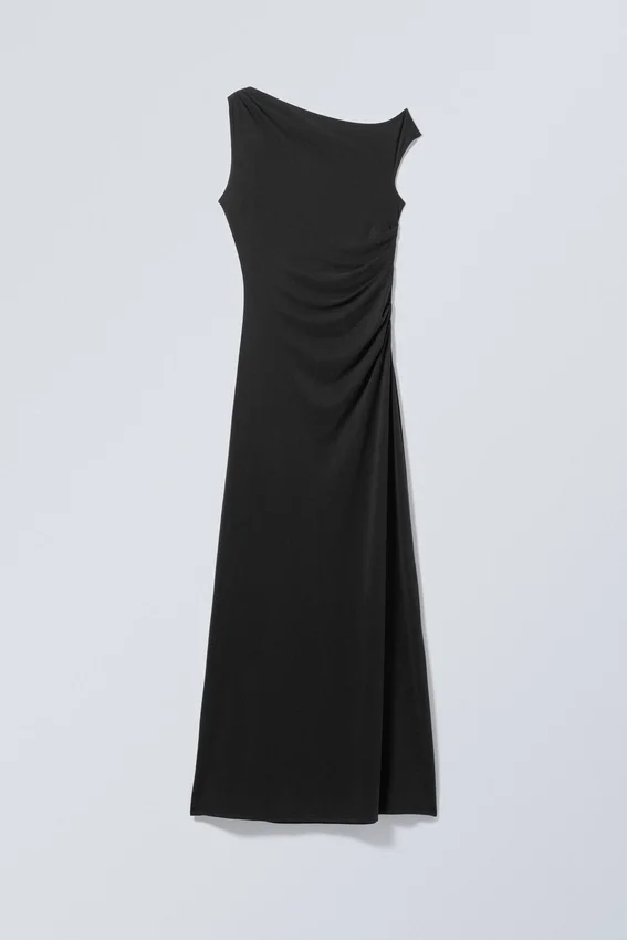 Vestido largo drapeado de cupro – Negro Vestido largo drapeado de cupro – Negro