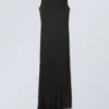 Vestido largo drapeado sin mangas – Negro Vestido largo drapeado sin mangas – Negro