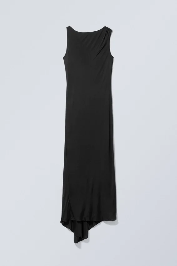 Vestido largo drapeado sin mangas – Negro Vestido largo drapeado sin mangas – Negro