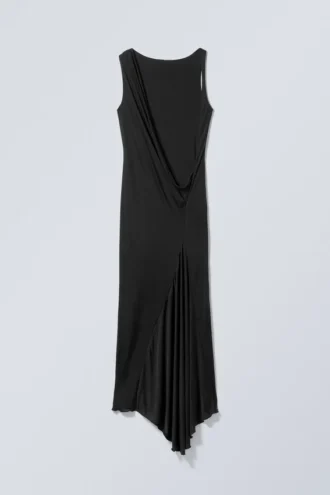 Vestido largo drapeado sin mangas – Negro