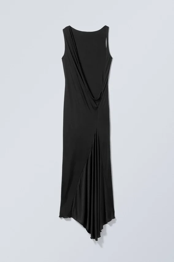 Vestido largo drapeado sin mangas – Negro Vestido largo drapeado sin mangas – Negro