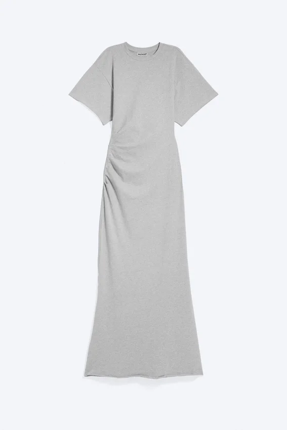 Vestido largo fruncido de manga corta – Gris claro difuminado Vestido largo fruncido de manga corta – Gris claro difuminado