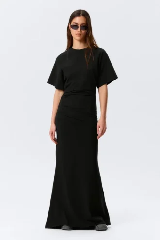 Vestido largo fruncido de pantalón corto – Negro