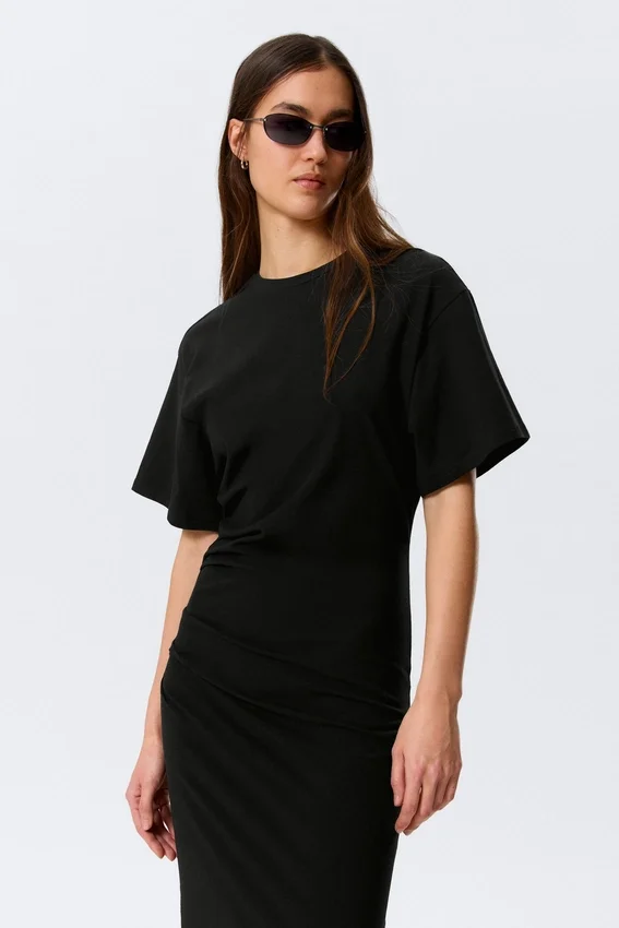 Vestido largo fruncido de pantalón corto – Negro Vestido largo fruncido de pantalón corto – Negro