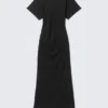 Vestido largo fruncido de pantalón corto – Negro Vestido largo fruncido de pantalón corto – Negro