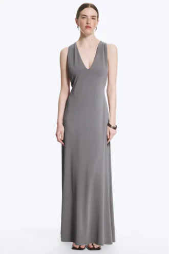 Vestido largo fruncido – Gris empolvado