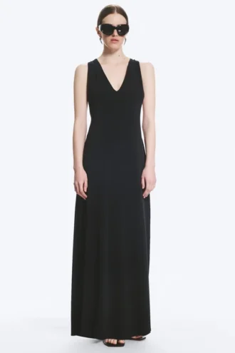 Vestido largo fruncido – Negro