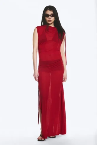 Vestido largo sin mangas con cuello barco – Rojo brillante