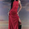 Vestido largo sin mangas con cuello barco – Rojo brillante Vestido largo sin mangas con cuello barco – Rojo brillante