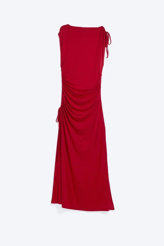 Vestido largo sin mangas con cuello barco – Rojo brillante Vestido largo sin mangas con cuello barco – Rojo brillante