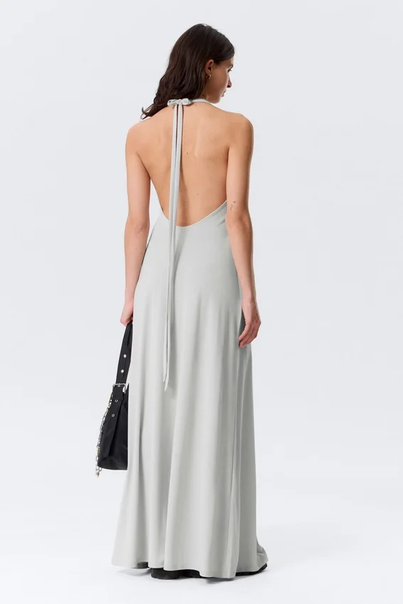 Vestido largo sin mangas con cuello halter – Beige claro Vestido largo sin mangas con cuello halter – Beige claro