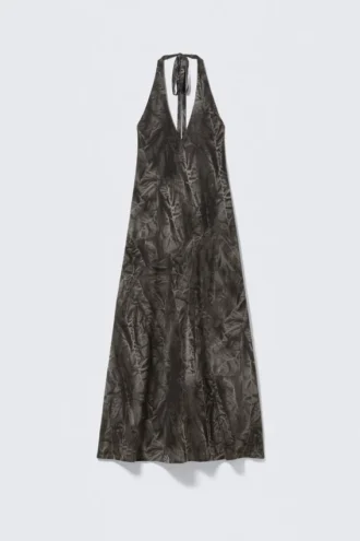 Vestido largo sin mangas con cuello halter – Gris oscuro – Estampado arrugado