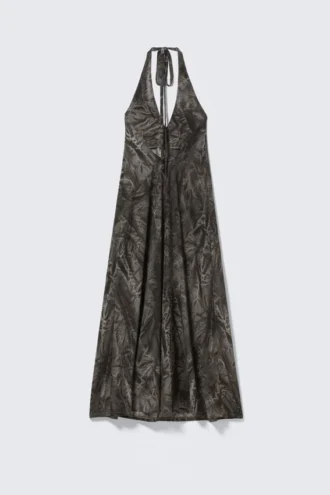 Vestido largo sin mangas con cuello halter – Gris oscuro – Estampado arrugado
