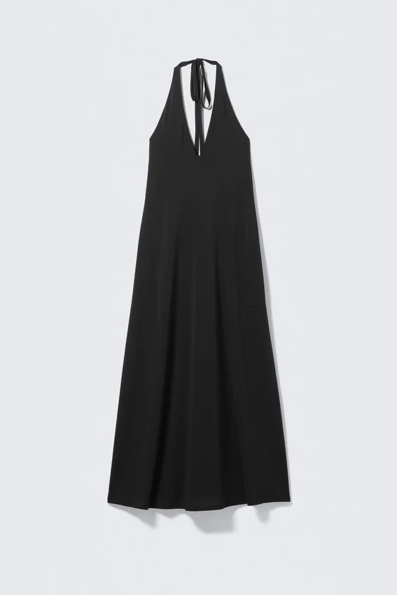 Vestido largo sin mangas con cuello halter – Negro Vestido largo sin mangas con cuello halter – Negro