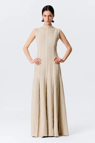 Vestido largo sin mangas con paneles de mezcla de lino – Beige claro