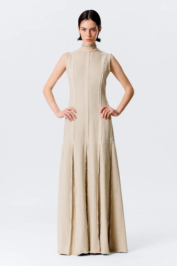 Vestido largo sin mangas con paneles de mezcla de lino – Beige claro Vestido largo sin mangas con paneles de mezcla de lino – Beige claro