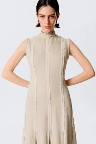 Vestido largo sin mangas con paneles de mezcla de lino – Beige claro