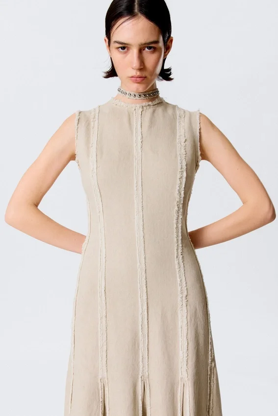 Vestido largo sin mangas con paneles de mezcla de lino – Beige claro Vestido largo sin mangas con paneles de mezcla de lino – Beige claro