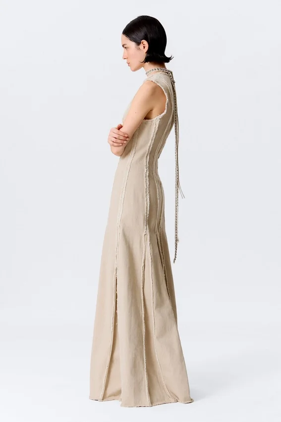 Vestido largo sin mangas con paneles de mezcla de lino – Beige claro Vestido largo sin mangas con paneles de mezcla de lino – Beige claro