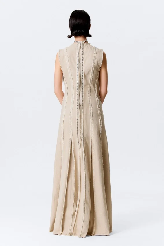 Vestido largo sin mangas con paneles de mezcla de lino – Beige claro Vestido largo sin mangas con paneles de mezcla de lino – Beige claro