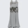 Vestido largo sin mangas con pedrería – Gris claro con pedrería Vestido largo sin mangas con pedrería – Gris claro con pedrería