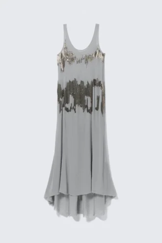 Vestido largo sin mangas con pedrería – Gris claro con pedrería