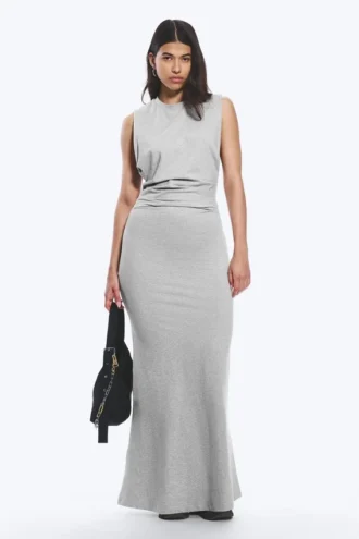 Vestido largo sin mangas con pliegues – Gris jaspeado