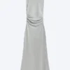 Vestido largo sin mangas con pliegues – Gris jaspeado Vestido largo sin mangas con pliegues – Gris jaspeado
