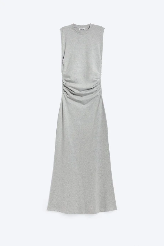 Vestido largo sin mangas con pliegues – Gris jaspeado Vestido largo sin mangas con pliegues – Gris jaspeado