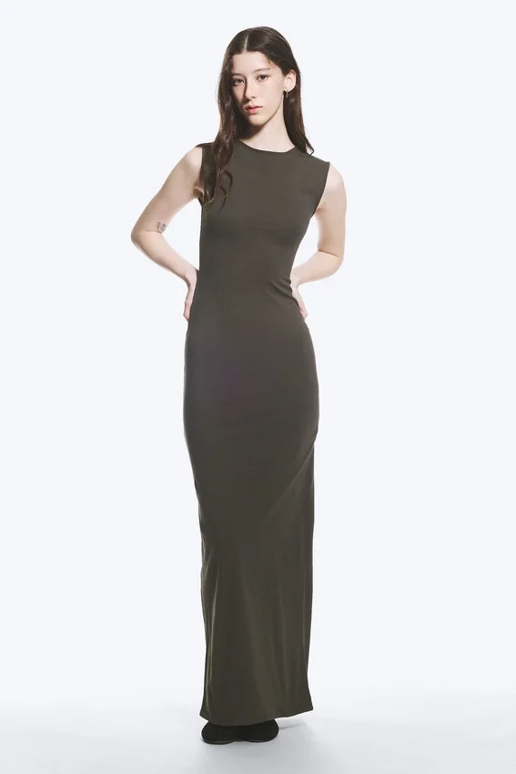 Vestido largo sin mangas de jersey de algodón – Gris oscuro Vestido largo sin mangas de jersey de algodón – Gris oscuro