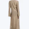 Vestido largo transparente de manga larga y cuello en V – Beige