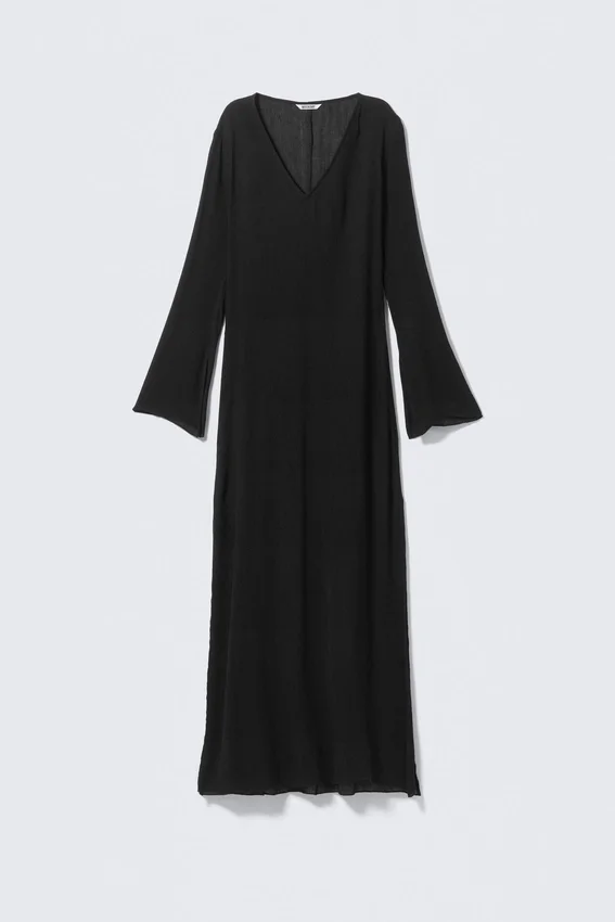Vestido largo transparente de manga larga y cuello en V – Negro Vestido largo transparente de manga larga y cuello en V – Negro