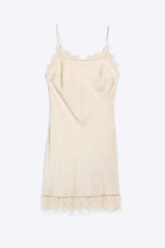 Vestido lencero con ribete de encaje de satén – Beige claro empolvado Vestido lencero con ribete de encaje de satén – Beige claro empolvado
