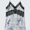 Vestido lencero de corte A con ribetes de encaje – Blanco periódico/Azul llama Vestido lencero de corte A con ribetes de encaje – Blanco periódico/Azul llama