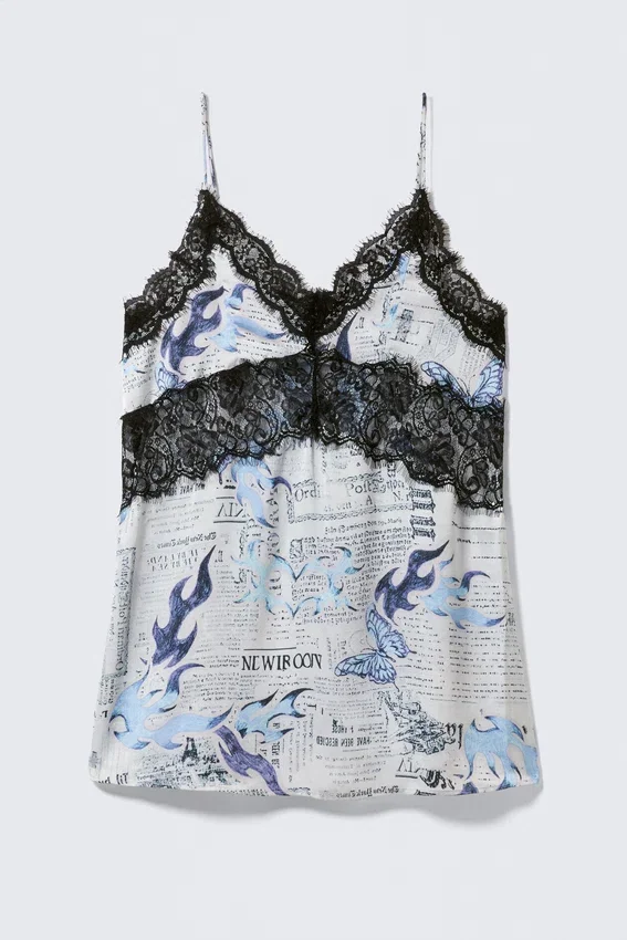Vestido lencero de corte A con ribetes de encaje – Blanco periódico/Azul llama Vestido lencero de corte A con ribetes de encaje – Blanco periódico/Azul llama