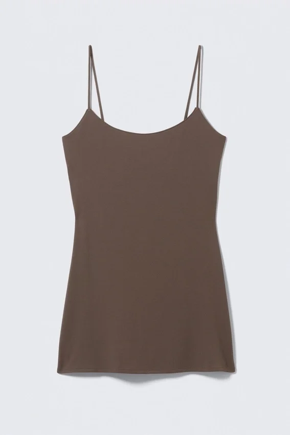 Vestido lencero mini con tirantes – Marrón oscuro Vestido lencero mini con tirantes – Marrón oscuro