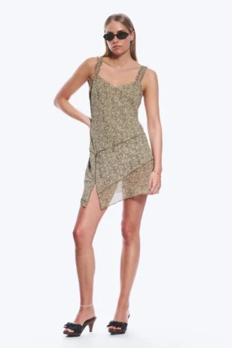 Vestido liso asimétrico – Verde caqui apagado – Flor