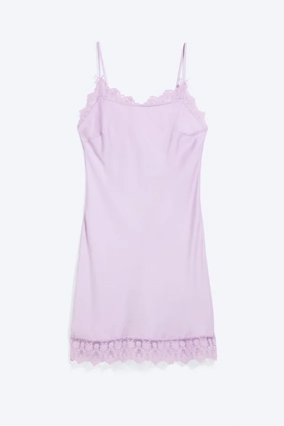 Vestido liso con ribete de encaje satinado – Lila claro Vestido liso con ribete de encaje satinado – Lila claro