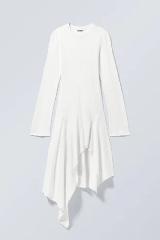Vestido midi asimétrico de manga larga – Blanco