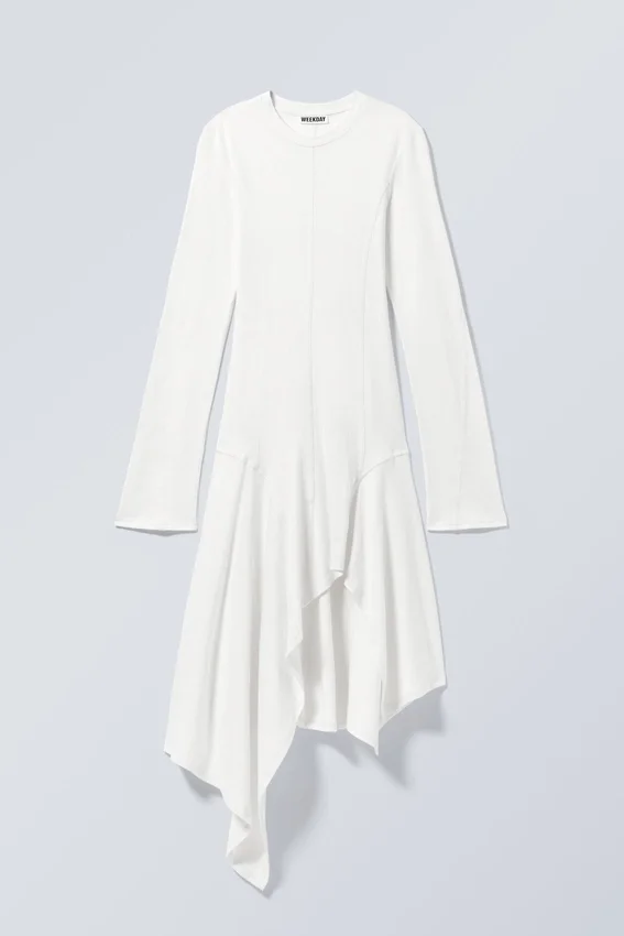 Vestido midi asimétrico de manga larga – Blanco Vestido midi asimétrico de manga larga – Blanco