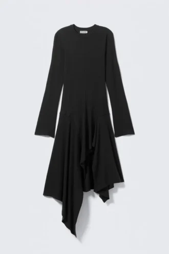 Vestido midi asimétrico de manga larga – Negro